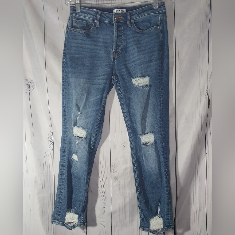 Vigoss Distressed Ripped Blue High Rise Skinny Straight Button-Fly Jeans
